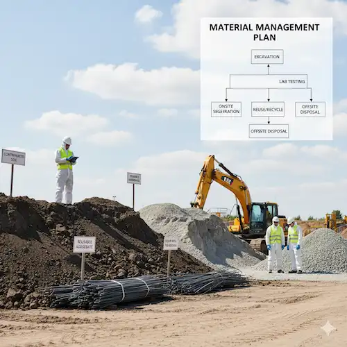 an industrial excavation site with organized soil stockpiles and an overlay illustrating material management