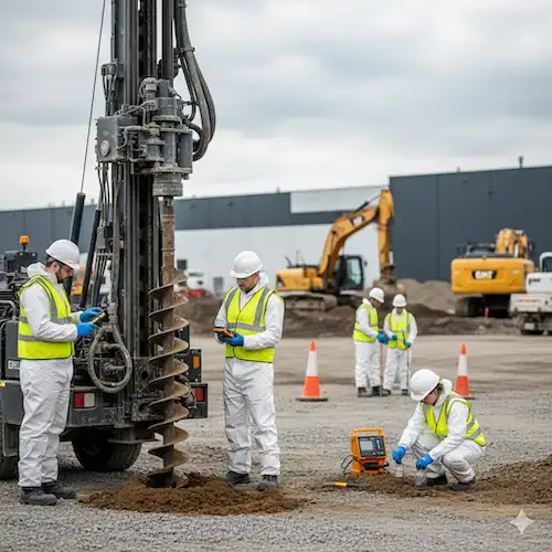 an environmental site investigation in progress, perfect for an environmental consultancy website showing phase 2 study