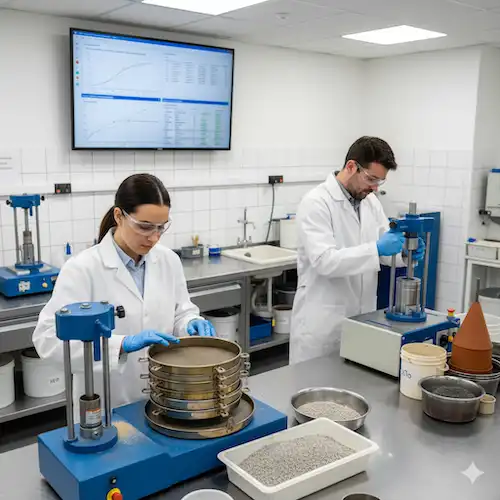 a geotechnical laboratory conducting soil and aggregate tests, highlighting technical expertise and precision
