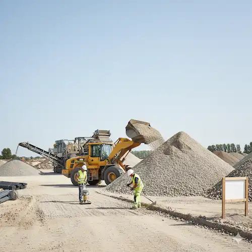 recycled aggregates with people and bulldozer